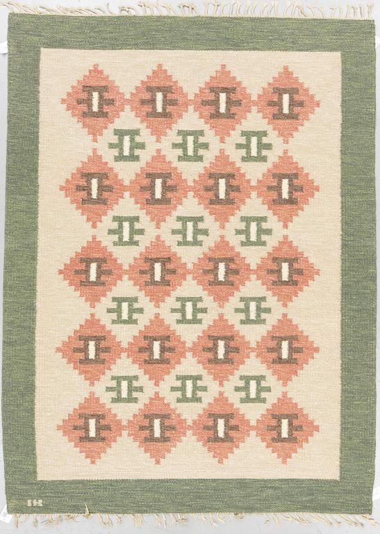 A carpet, flat weave, ca 227,5 x 163,5-168,5 cm, signed IH.