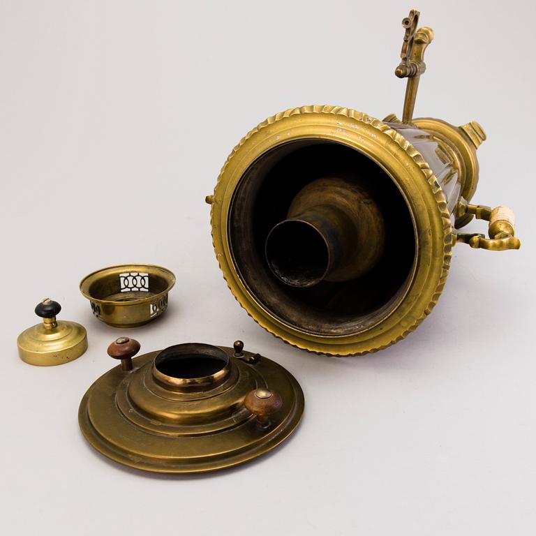 A Russian brass and copper samovar, around 1900.