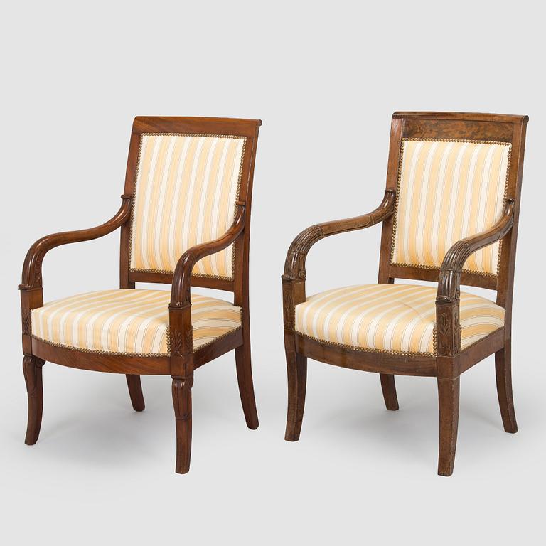 Karmstolar, 2 st, empir, 1820s-30-tal.