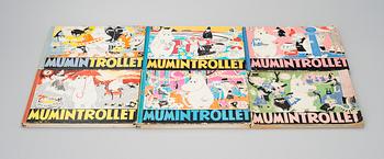 Six Moomin books with comic strips by Tove Jansson & Lars Jansson, printed in Sweden 1958-1965, Tryckeri Ab Framtiden.