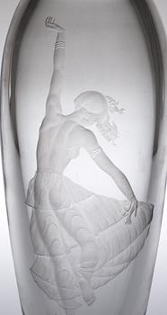 A Simon Gate engraved glass vase, Orrefors 1942.