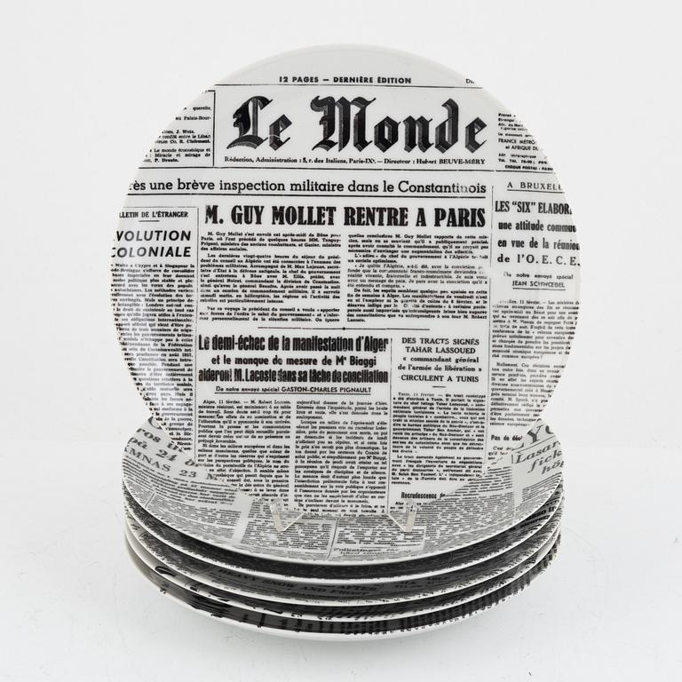 Piero Fornasetti, a set of six plates, porcelain, "Giornale", Milan, Italy.