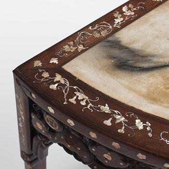 A Chinese hardwood demi-lune side table with mother-of-pearl inlays, late Qing dynasty.