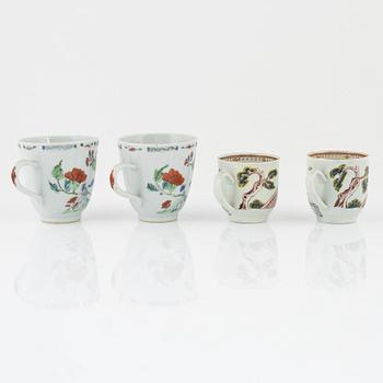 Two pairs of famille rose cups, a bowl, a small dish and a pair of deep dishes, Qing dynasty, 18th/19th century.