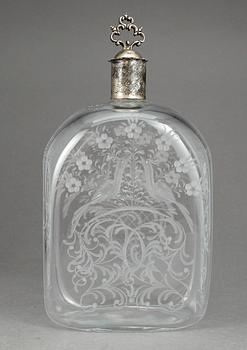 FLASKA, glas med propp delvis i låghaltigt  silver, 1800-tal.