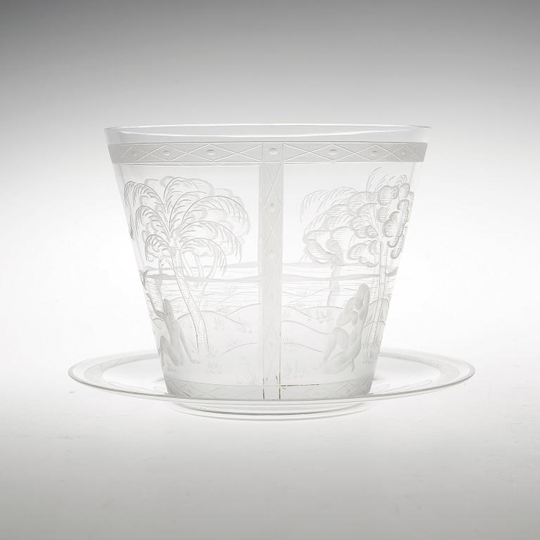 SKÅL med FAT, glas, Edward Hald, Orrefors, signerad och daterad 1925.