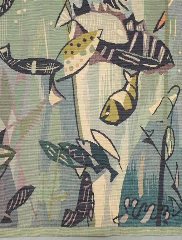 TAPESTRY. "Poissons verts" ("Green fish"). Tapestry weave (gobelängteknik). 106 x 139 cm. Signed GYNNING PF.