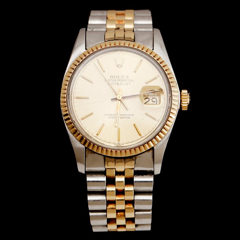 HERRARMBANDSUR, Rolex Oyster Perpetual Datejust, Superlative Chronometer, Officially Certified, guld på stål, 1970-tal.