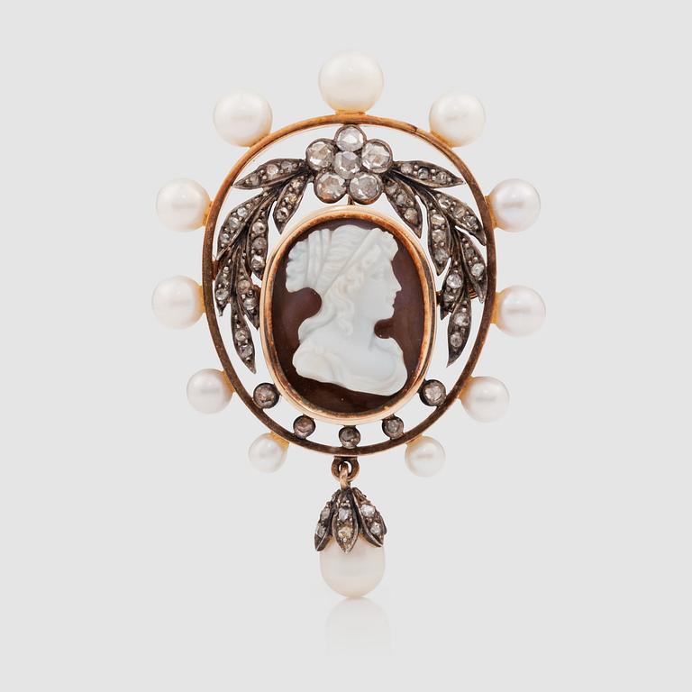 A Victorian cameo, rose-cut diamond and pearl brooch.  Pearls probably natural.