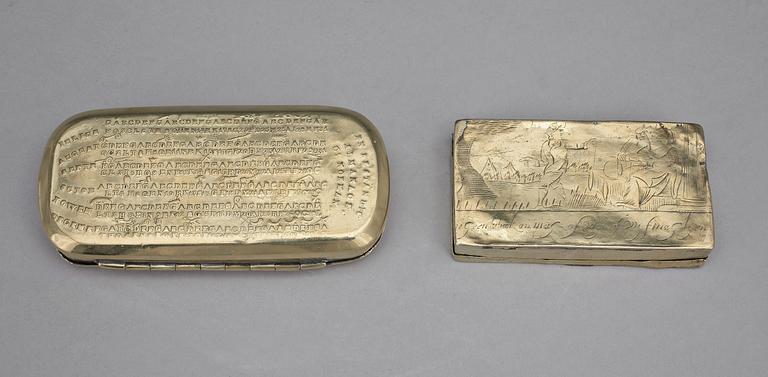 SNUSDOSOR, 2 st, mässing, Sverige resp Holland, 1700-tal.