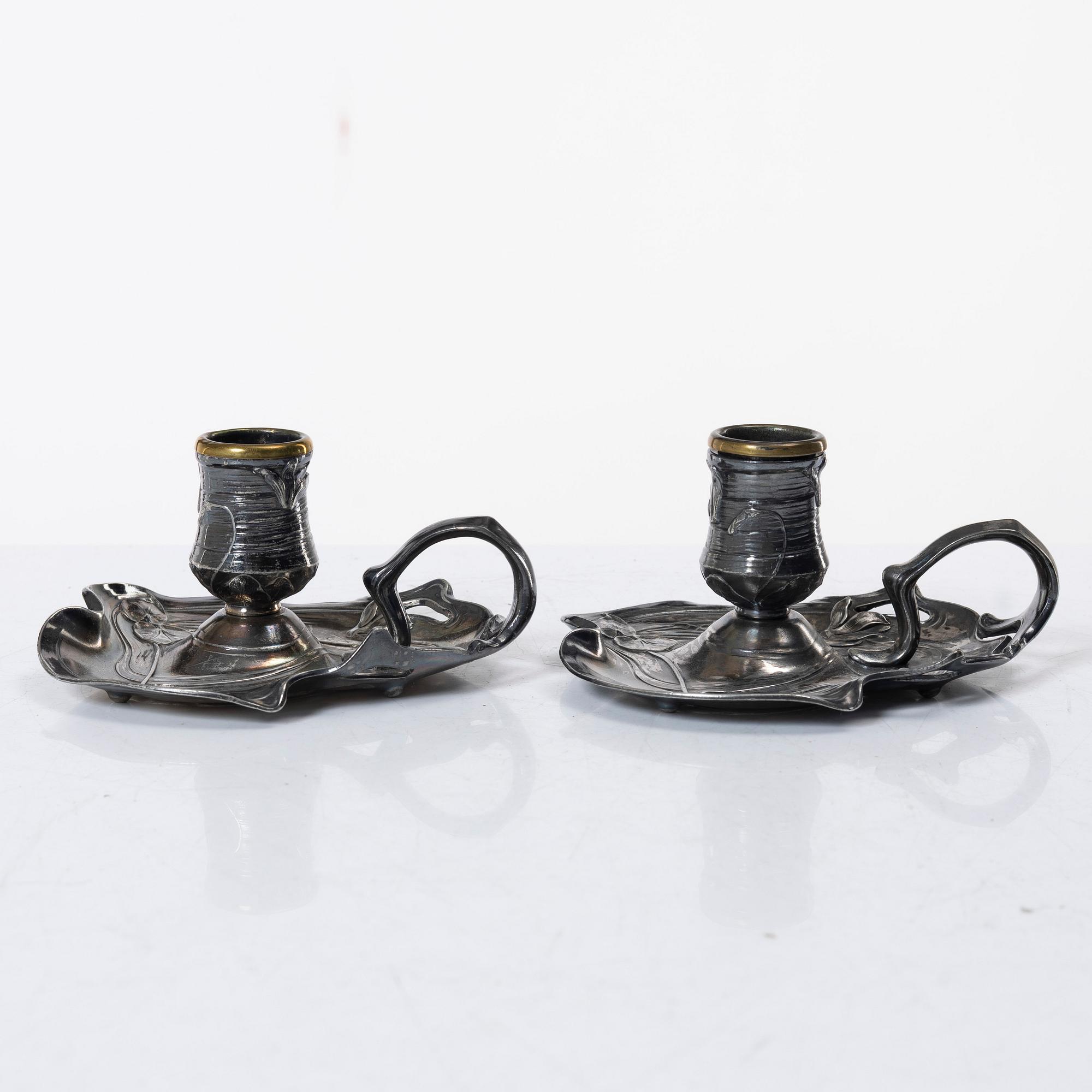 Württembergische Metallwarenfabrik (WMF), Nattljusstakar, ett par, samt bricka, nysilver, jugend, tidigt 1900-tal.