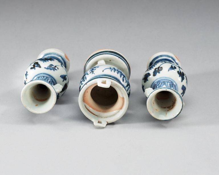 A three piece blue and white altar garniture, Ming dynasty.