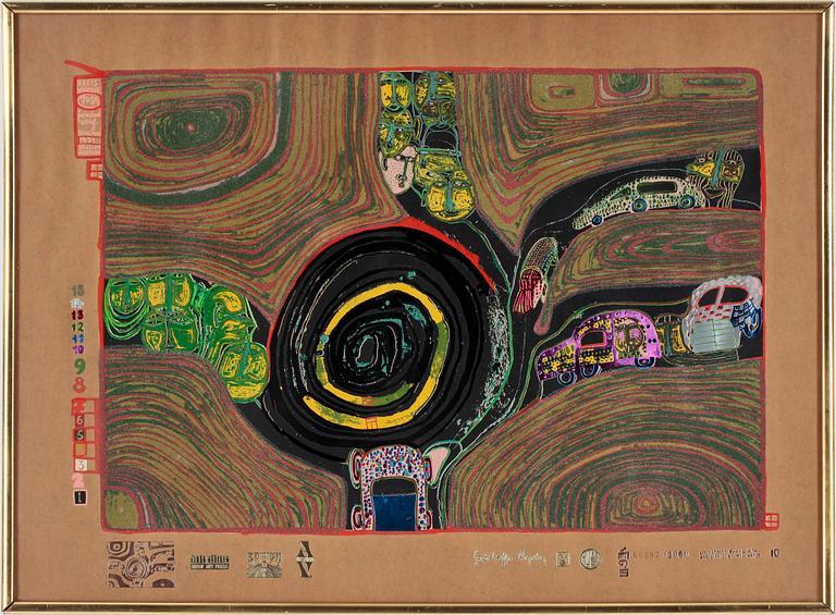 FRIEDENSREICH HUNDERTWASSER, färgserigrafi med metallprägling, tryckt signatur, stämpelnumrerad 697/3000.