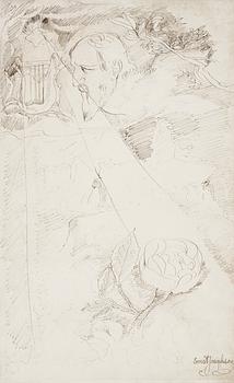 124. Ernst Josephson, Allegorisk komposition med mansprofil, ros och lyra.