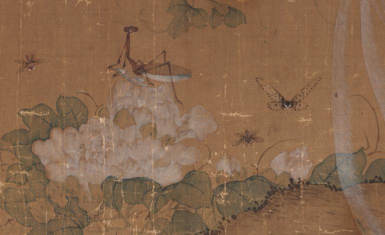 A painting with birds and butterflies in a flowering garden, Qing dynasty (1644-1912).