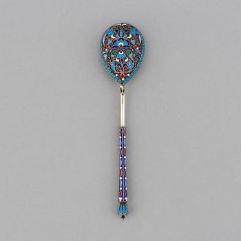 A Russian early 20th century silver and enamel spoon, mark of probably Matryena Andreyevna, Moscow 1899-1908.