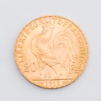 GOLD COIN,  Liberté Égalité Fraternité REPUBLIQUE FRANÇAISE 1912 20 FRANC.