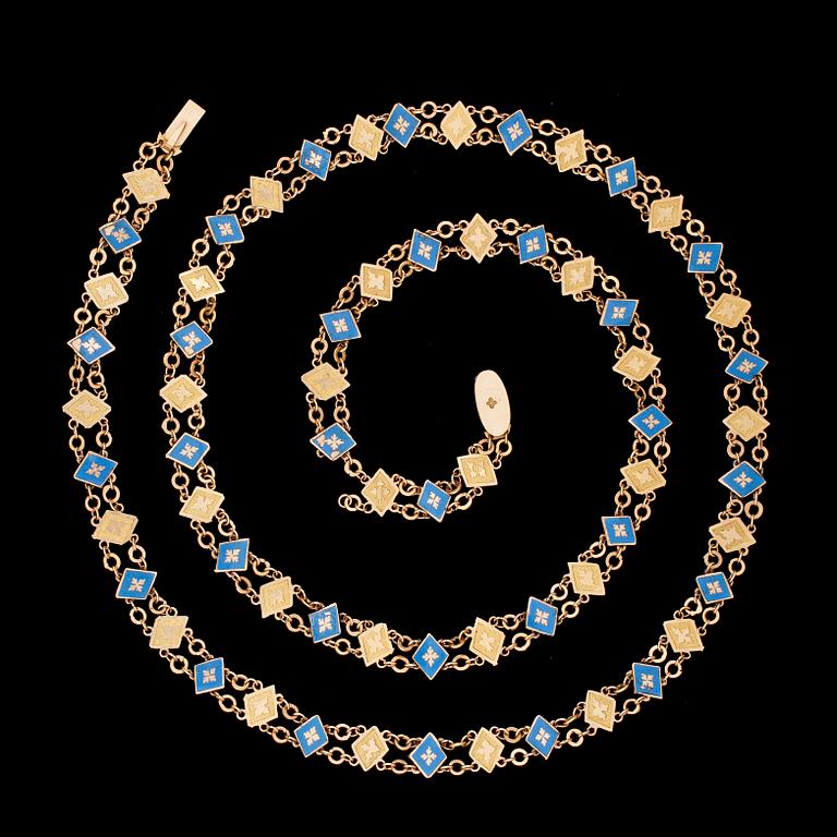 A gold and blue enamel necklace, c. 1800.