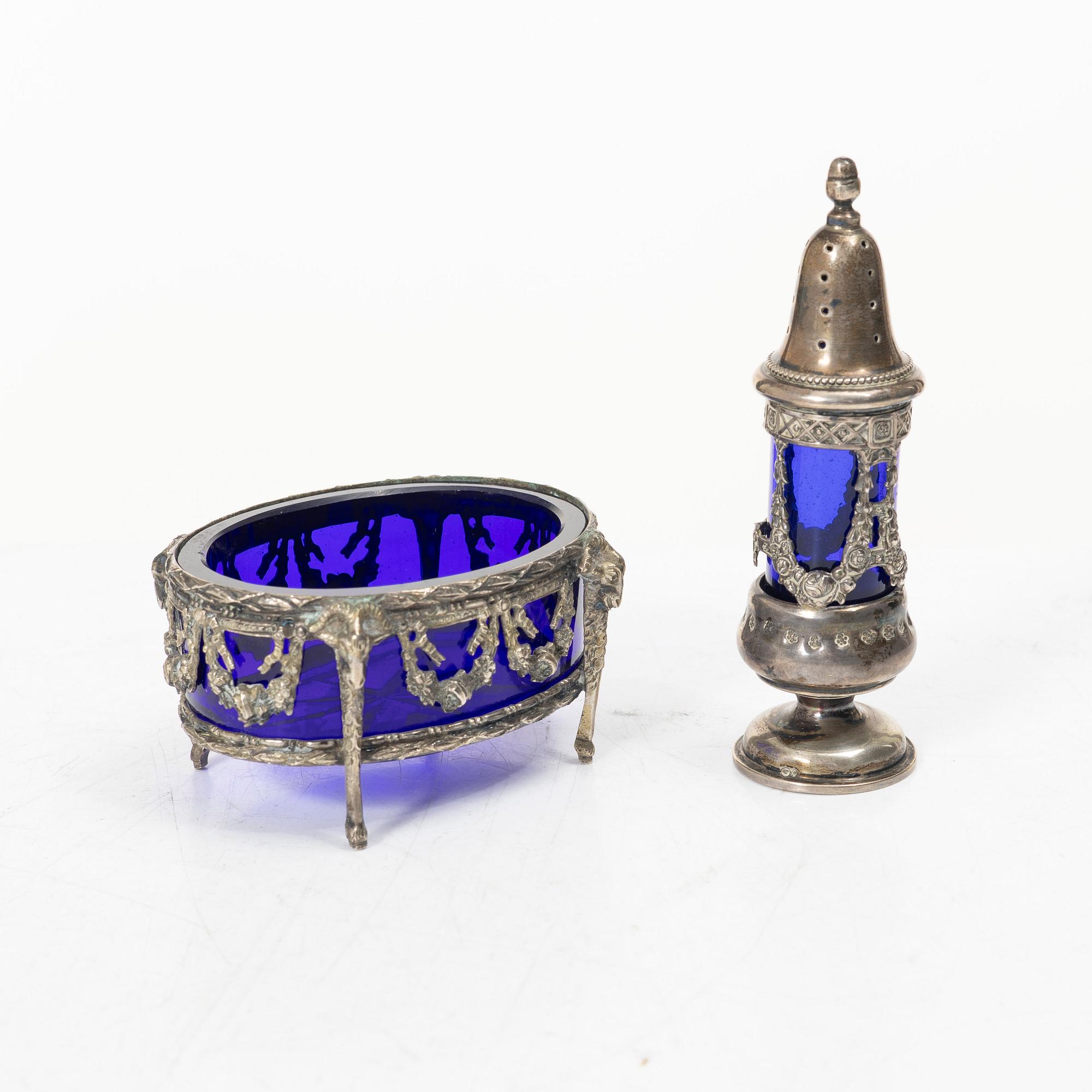 A silver salt cellar and a pepper shaker, Louis XVI style, Swedish import marks.