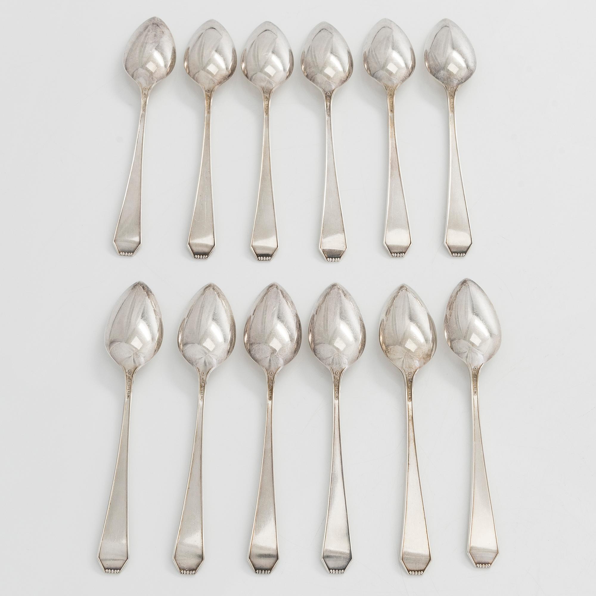 A five-piece sterling silver coffee and tea service, and 12 spoons, USA, first quarter of the 20th century.