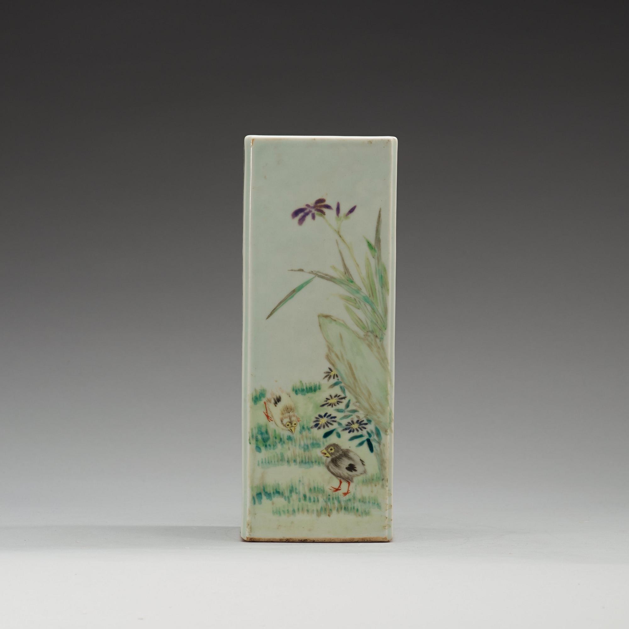 A square enameled vase, China, presumably Republic, 20th Century.