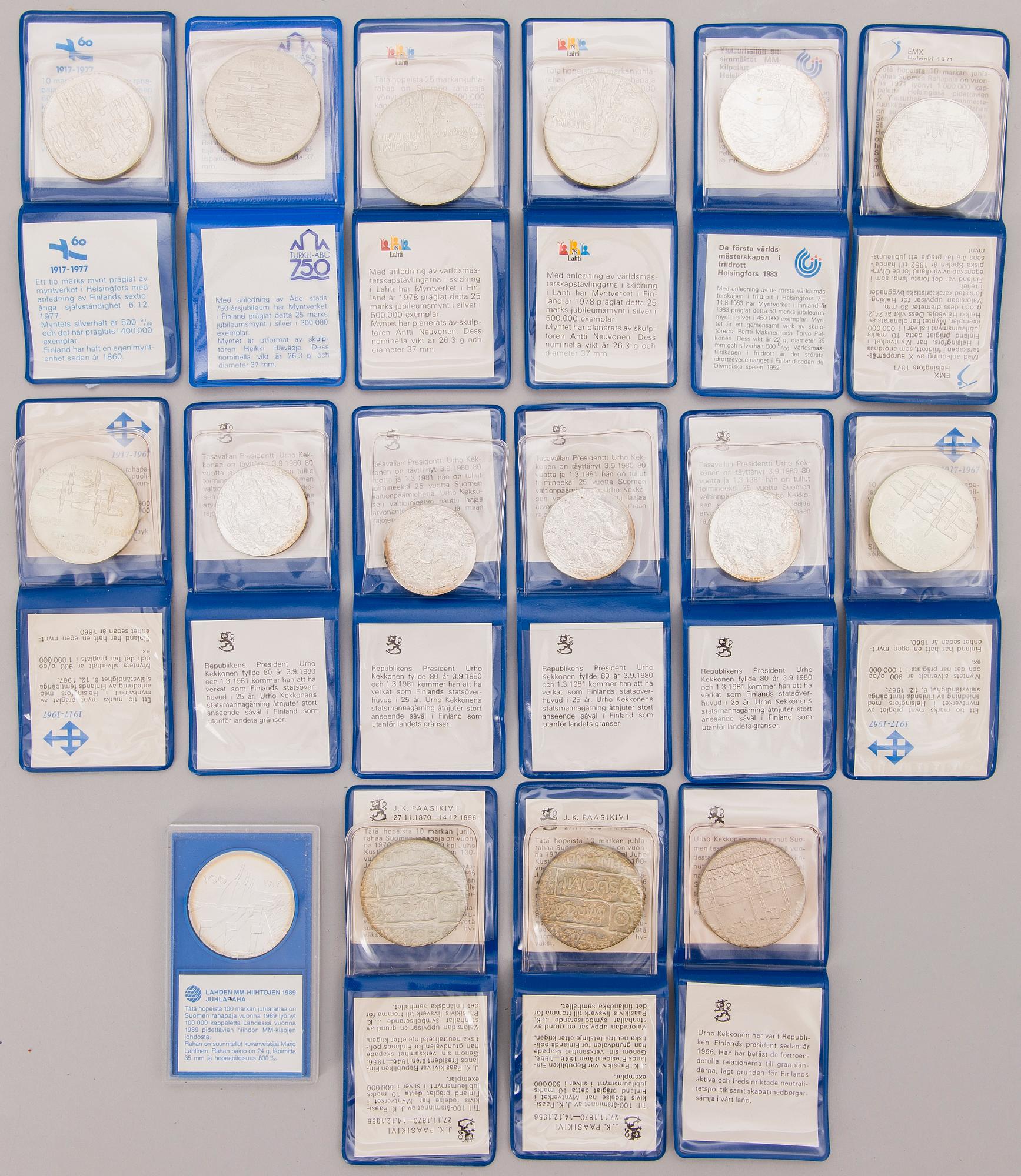 JUBILEUMSMYNT, 22 st, silver, Finland 1960-80-tal. Totalvikt ca 983 g.