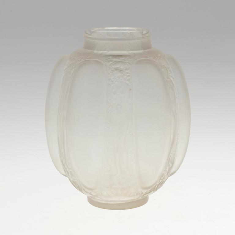A René Lalique 'Six figurines et masques' moulded glass vase, France 1920-30's.