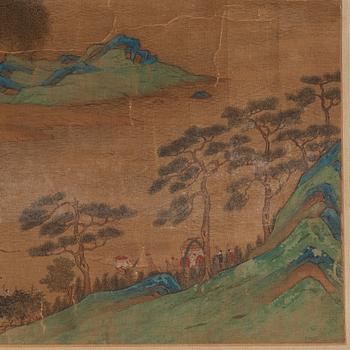 A Chinese scroll painting, ink and colour on paper, Qing dynasty after Wen Zhenming.