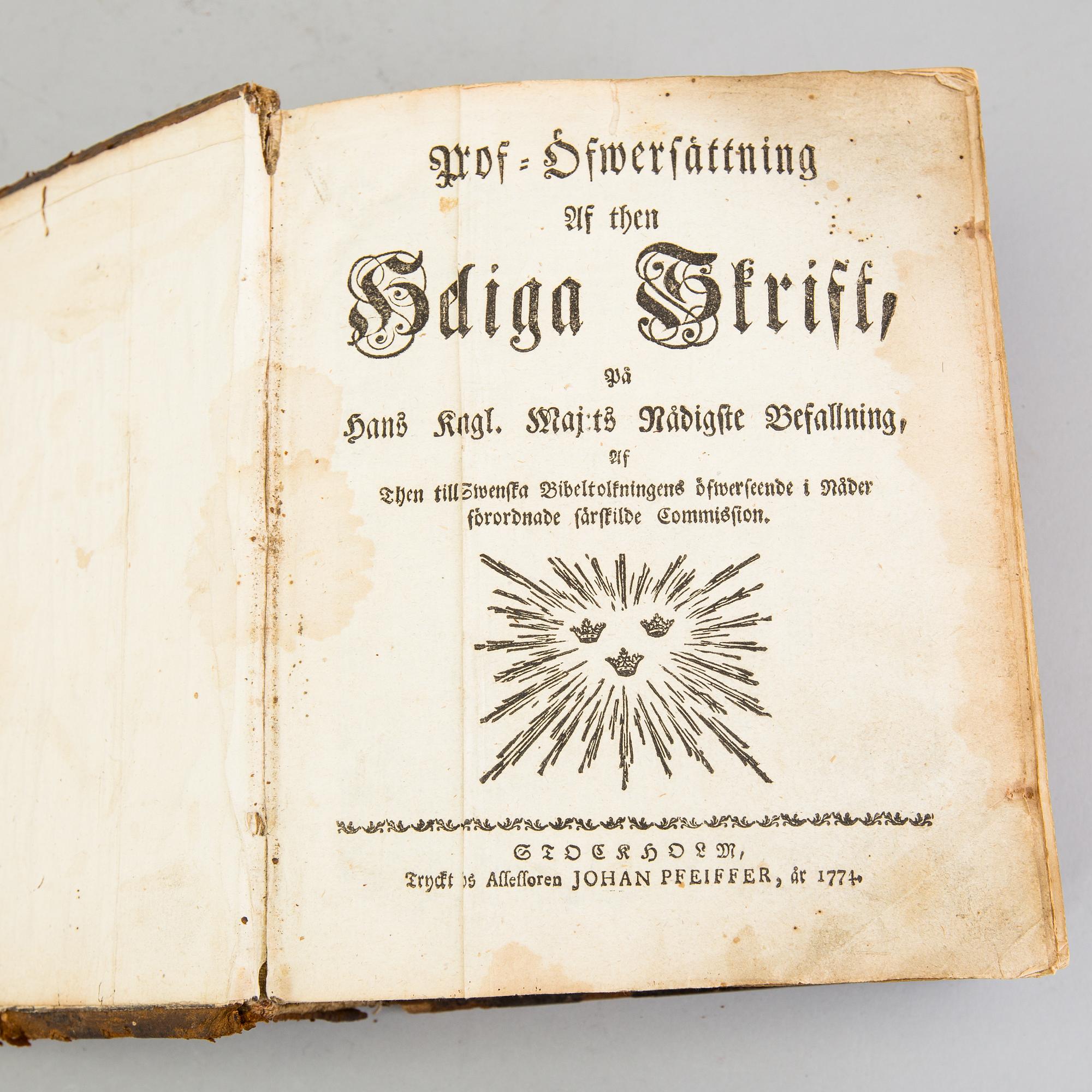 A BOOK, "Prof-öfwersättning by then Holy Scriptures", Stockholm (Johan Pfeiffer) 1774.