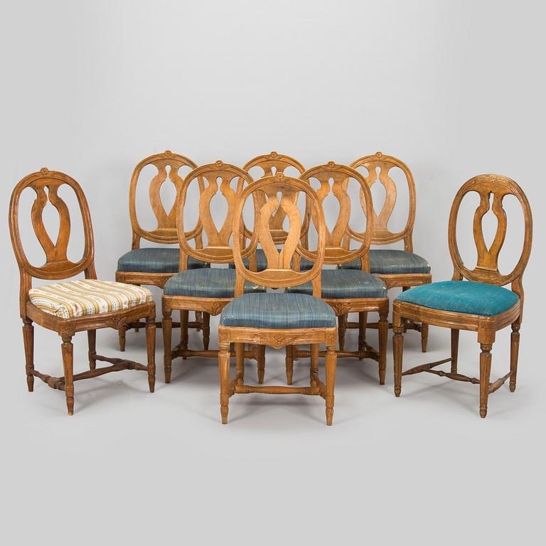 Eight late 18th century gustavian chairs, so called medallion model.
