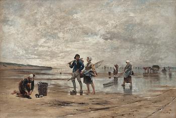 357. August Hagborg, Shellfish Fishing at low tide, scene from Normandy.