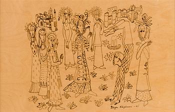 Birger Kaipiainen, piirros, tussi vanerille, signeerattu ja päivätty -46.