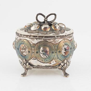 Presentation dish, bowl, and sugar box with lid, silver, Baroque style, 20th Century.