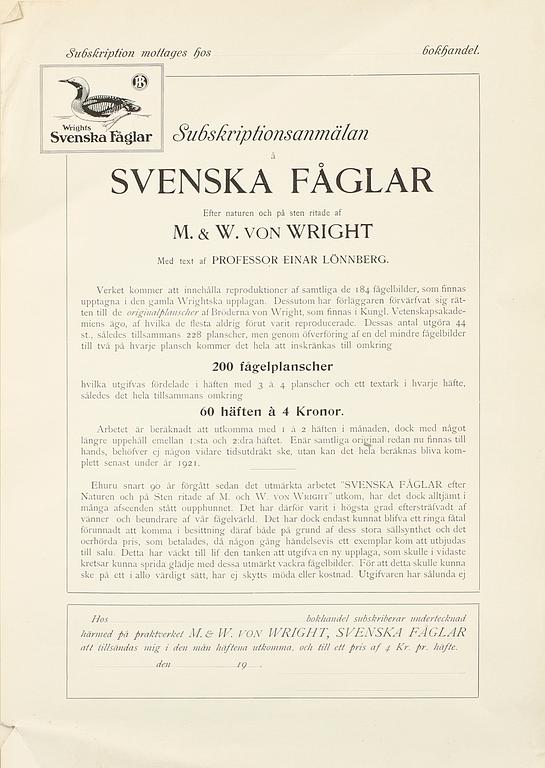 LITOGRAFISKA TRYCK, häfte 1-105, ur M och W von Wright, Svenska fåglar, A Börtzells, Stockholm, 1920-tal.