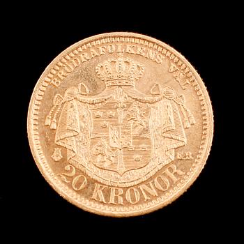 GULDMYNT, Oscar II, 20 kronor, 1899. Vikt ca 9 gram.