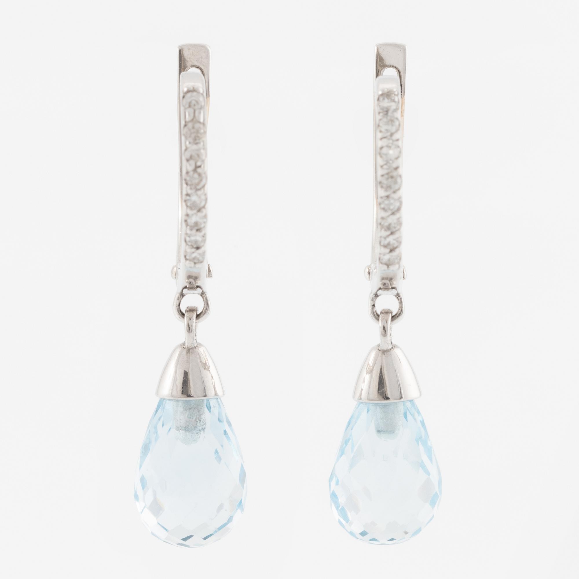 Earrings, a pair, 14K white gold with briolette-cut topaz and octagon-cut diamonds.