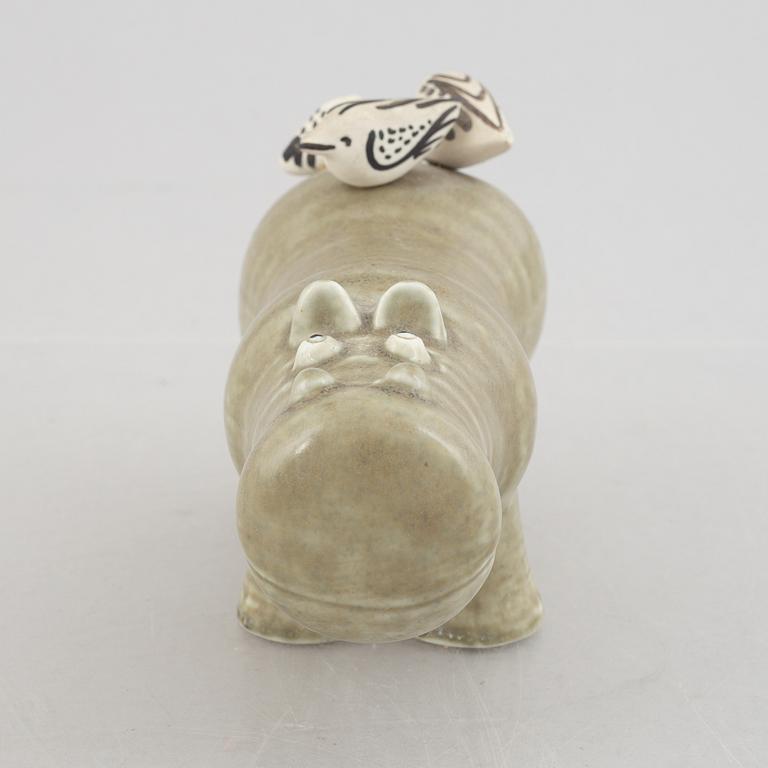 Lisa Larson, figurin, stengods, "Flodhäst med fåglar", Gustavsberg 1966-1970.