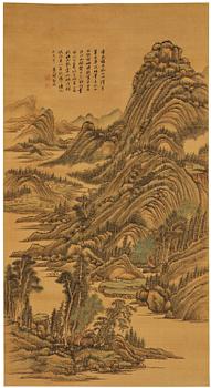 1228. Qian Weicheng, (China 1720-1772), ink and colour on silk. 'Mountainious landscape'.