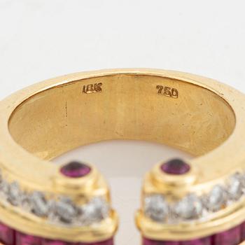 Step cut ruby and brilliant cut diamond ring.