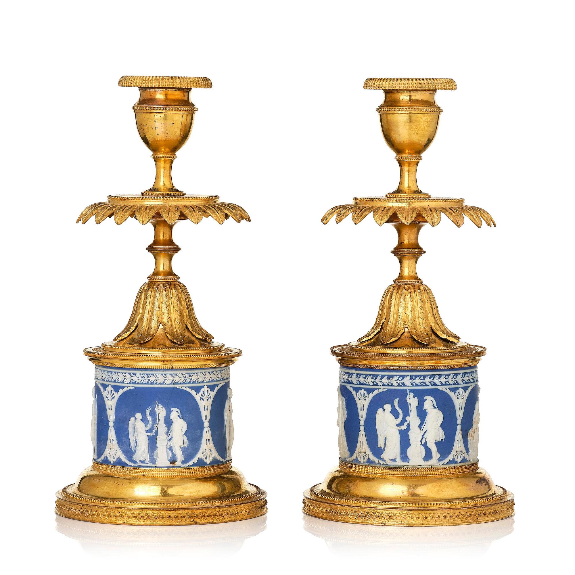 A pair of George III ormolu and jasperware candlesticks, late 18th century.