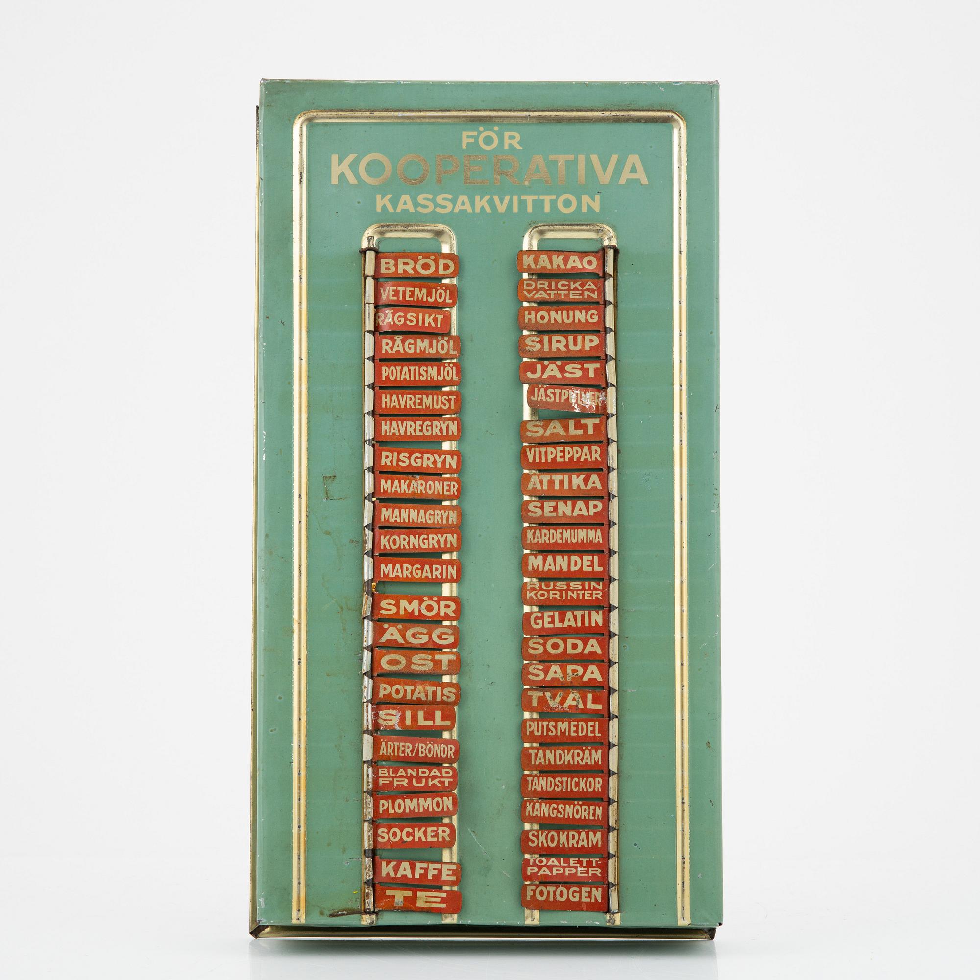 Inköpstavla, Kooperativa förbundet, AB Hugo Brusewitz Bleckvarufabrik, Göteborg, 1930-40 tal,