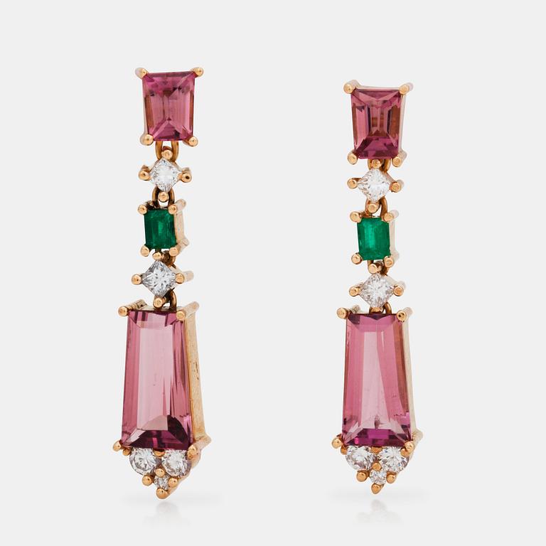 A pair of diamond, emerald and pink topaz earrings.