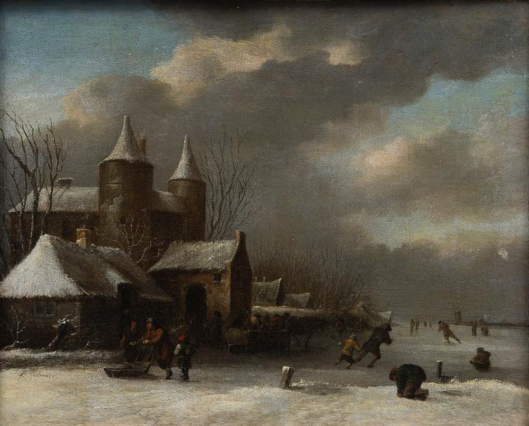 WINTER SCENE WITH ICE SKATERS.