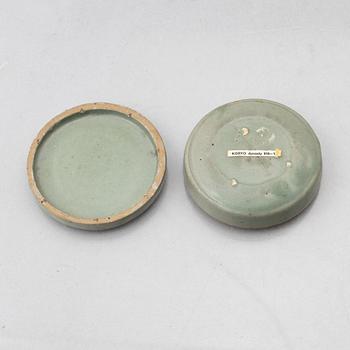 A Korean Celadon glazed box with cover, Koryo dynasty (918–1392).