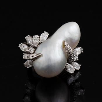 Baroque pearl and navette-cut and brilliant-cut diamond ring.