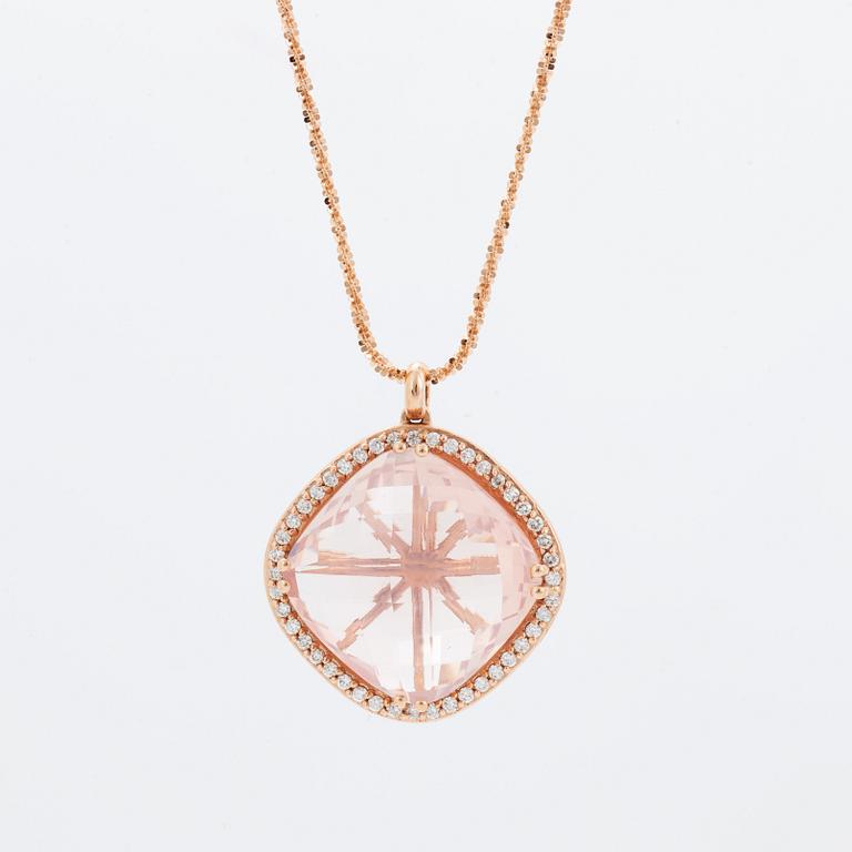 Checker-cut rose quartz and brilliant-cut diamond necklace.