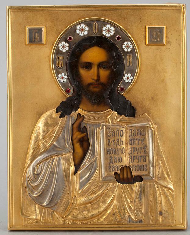 Icon, enamel ornamenation, silver risa , Russia,
Moscow, est 20th cent.