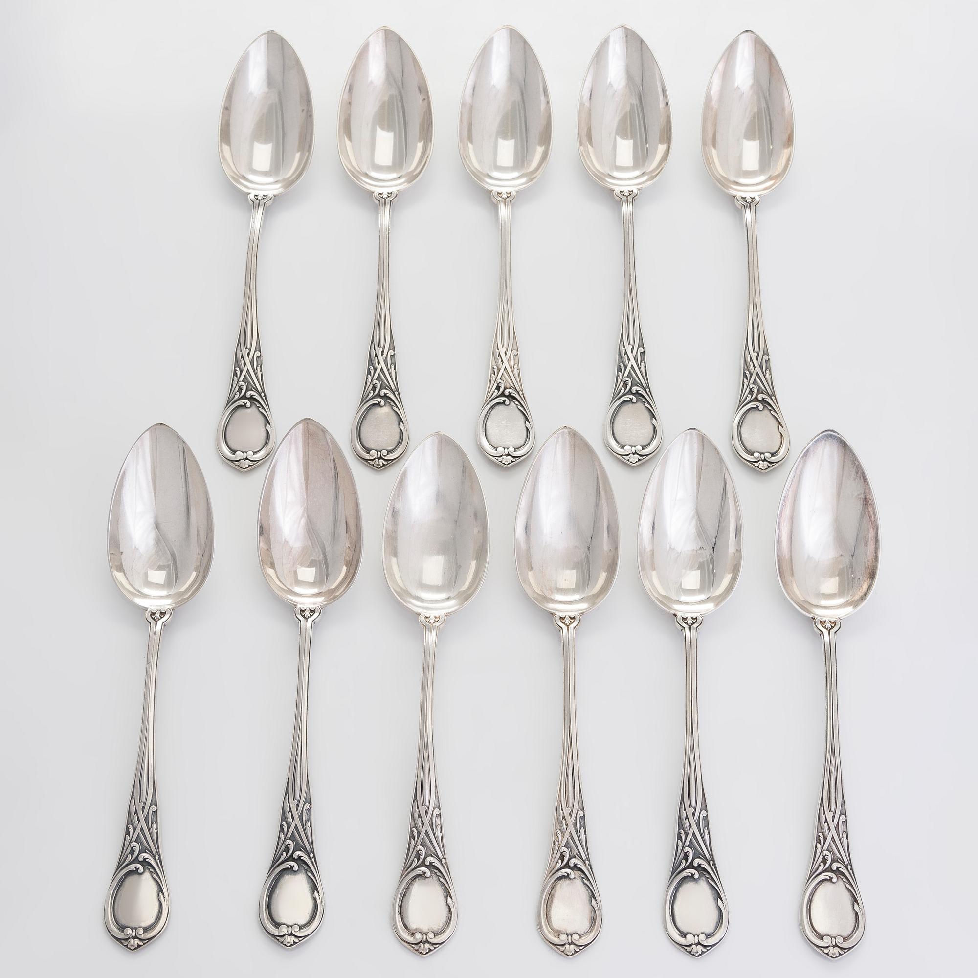 Br. Grachev, bestickuppsättning, 34 st, silver, med hovleverantörsstämpel, S:t Petersburg 1898.