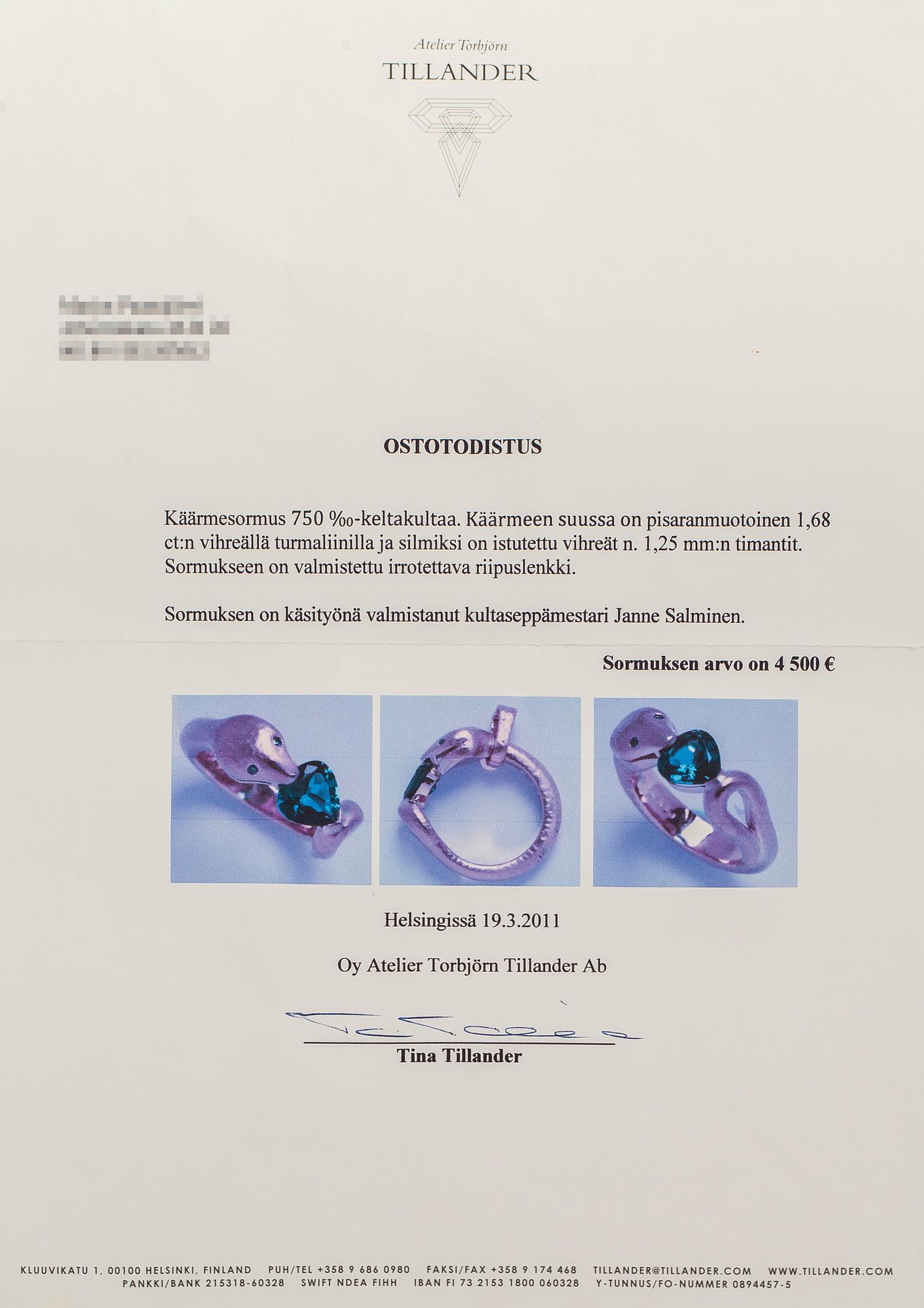 Torbjörn Tillander, an 18K gold serpent ring with heart-shaped green tourmaline and green diamonds, Helsinki 2011.