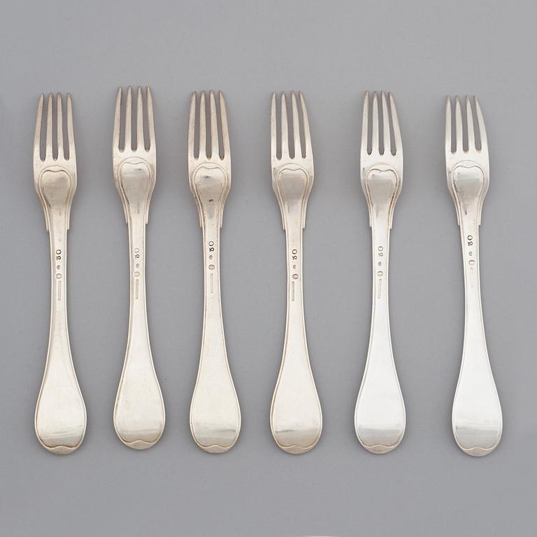 A set of six Swedish silver dinner-forks, mark of Johan Fredrik Wildt, Stockholm 1796.